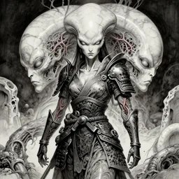 naraka buddhist demon korean female, angry female alien, epic samurai warrrior, tubular creature, blood vessels, no face, dystopian surrealism, alex ries zdzisław beksinski mucha, symmetrical long head, smooth marble surfaces, smooth marble surfaces, detailed ink illustration, detailed ink illustration, raiden metal gear, cinematic smooth stone, deep aesthetic