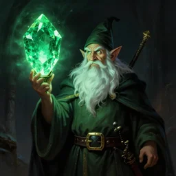 a dwarf sorcerer holding a gigantic glowing emerald. dramatic lighting. high fantasy art ( 1 9 8 7 )