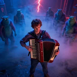 dwight schrute playing the accordion, dramatic scene, heavy blue fog, red lightning, ultra wide angle, movie still, photorealistic, stranger things, netflix, upside - down, colorful lighting, grainy, aerial shot, shot from above, movie still, monsters in background holding back