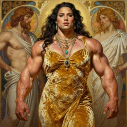 highly detailed oil painting of elegant thick bodybuilder weightlifter morticia adams, roided face, long hair, glowing skin, gold ombre velvet gown, greek scene, beautiful face by leyendecker, dozens of jeweled necklaces, by greg rutkowski, brom, anato finnstark, alphonse mucha, cinematic lighting,