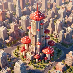 matte 3 d low poly render of a magnificent mushroom skyscraper, solarpunk city, red and white spotted mushroom, lat lighting, highly populated and full of life, isometric aerial view, epic sense of scale, digital art by beeple, trending on artstation
