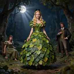alice in wonderland, dress made of leaves, masterpiece by Edgar Maxence and Ross Tran and Michael Whelan, gustav dore, carravaggion, realistic fantasy, establishing shot, 8k, octane render, moonbeams