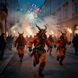 kodak portra 4 0 0, 5 0 0 mm tele lens, award winning dynamic vivid atmospheric photograph of running hazardous horde krampus, by robert capas, in muted colours, striped orange and teal, motion blur, on a street in salzburg at night with colourful exploding pyro fire and torches, fireworks, fog, narrow shot