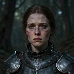 head and shoulders portrait of a female knight with a worried expression, scars under her grey eyes. sad and tired eyes, broken neclace. background forest, very dark!, a few thin light rays behind her. high detail, matte painting, artstation top 1 0, photo in the style of angus mcbean.