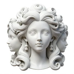 3 d full head and shoulders beautiful white porcelain woman with white big eyeballs all through her hair, ornate detailed hair, 3 d swirling hair by theodor seuss geisel and daniel arsham and xiang duan, simon stalenhag, kim jung gi, on a white background