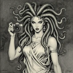 portrait of cherie gil as medusa looking for camera wearing a greek chiton, gorgon, fantastically eerie, desaturated colors, pen and ink, glamorous pose, intricate line drawings, by craig mullins, ruan jia, kentaro miura, greg rutkowski, victo ngai