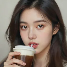 coffee painting, high quality realistic closeup portrait of pretty this girl