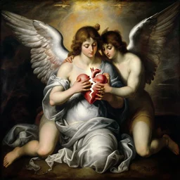 vision of angels with a broken heart, trying to mend it with light by ian mcque and alexandre cabanel, style of modernism