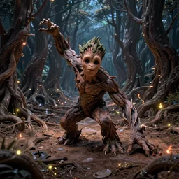 a stunning ultra detailed fantasy fine art photo of a stretching groot in a barren sinuous forest surrounded by fireflies, by tomasz alen kopera and anna dittman, night, very detailed, deep depth of field, 3 5 mm lens, soft lighting, artstation, highly coherent, 8 k