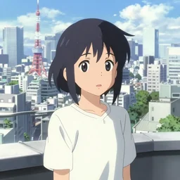 anime film still visual of a black haired boyish girl wearing shirts on rooftop sightseeing bright tokyo cityscape by makoto shinkai, cute face by yoh yoshinari, katsura masakazu, detailed