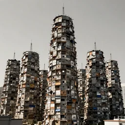 giant towers made up of makeshift squatter shacks, mamiya, uniform plain sky, fine details, minimalist, photographed by sebastiao salgado