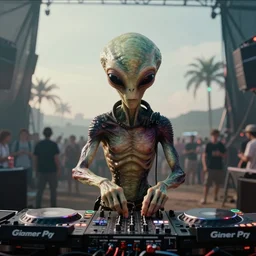 an alien djing in a hardcore rave in the style of Giger. 35mm photo realistic