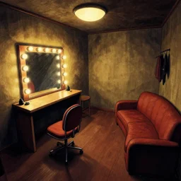 a dimly lit, theater dressing room, with a mirror, a chair, a couch, day of the tentacle style, drawn by Peter Chan, 5 point perspective