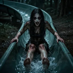 creepy water slide, dark, fear, danger,