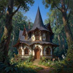 hyper realistic witch cottage rococo in the woods gorgeous lighting, blue sky, highly detailed, lush forest painting by zdzisław beksinski and norman rockwell and greg rutkowskiweta studio, and lucasfilm