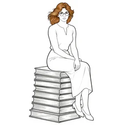 clean line art of a woman with light brown hair and glasses sitting on top of a tall pile of books. well composed, clean coloring book page, beautiful detailed face. coloring book line art by alphonse mucha