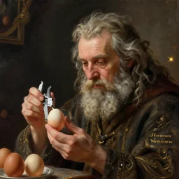 Pensive Wizard examines eggs with calipers, by Homer Winslow