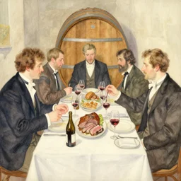 gentlemens dinner, cellar, masterpiece, meat, wine, schnapps, watercolor by anders zorn and carl larsson, art nouveau