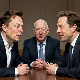 Illustration meeting between Elon Musk, Jeff Bezos and Mark Zuckenberg, comic style , very detailled face, cgs society, very details, comic style, unreal engine, octane render, 8k