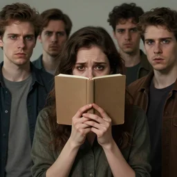 realistic portrait of a terrified female author covering her face with a notebook while three male and one female characters look intensely, aesthetic!, trending on artstation, detailed digital art,