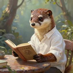 portrait painting of furry weasel, wearing a white shirt, sits on a table reading a book by wenjun lin, irakli nadar, bright colors, octopath traveler, wenjun lin, unreal engine 5 highly rendered, global illumination, 9 radiant light, detailed and intricate environment