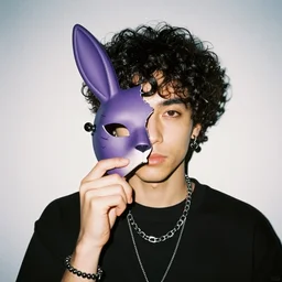 Photo of a young mysterious man with curly dark hair wearing black clothes and emo chains, holding a purple, demonic and broken in half bunny mask that only covers the right eye and mouth in front of his face, film photography