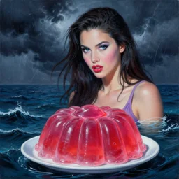 a photorealistic highly detailed painting of a y 2 k 1 9 8 0's beautiful jell - o on a stormy ocean by johfra bosschart, lisa frank, kinkade, visionary art, dark fantasy art, high detail, trending on artstation
