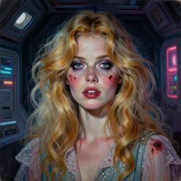 a beautiful and eerie baroque painting of a gorgeous woman in dead space, with wild blonde hair and haunted eyes and freckles, 1 9 7 0 s, seventies, space station, neon light showing injuries, delicate ex embellishments, painterly, offset printing technique
