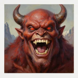 close up portrait of a monster in the mountains of hell, laughing enormously, oil painting by tomasz jedruszek, cinematic lighting, pen and ink, intricate line, hd, 4 k, million of likes, trending on artstation