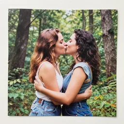paper collage art made of cut up magazines depicting two women kissing happily in a forest