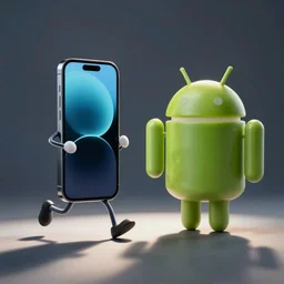 iphone with legs running from android phone with legs