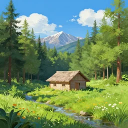small modest gorean home in the forest, mountains in distance, non - obstructive view of mountains, very vibrant and clear bright blue sky, fluffy clouds, lush, spring, wildflowers, creek, smooth, sharp focus, naturalism, matte painting, digital painting, art by kuri huang and edmund blair leighton, 3 d, environment visualization,