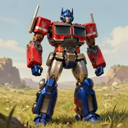 optimus prime in a field, matte painting by greg rutkowski, artstation