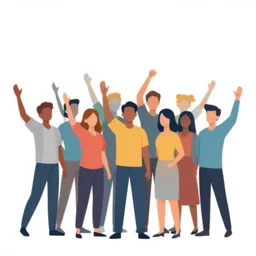 team of 8 people vector illustration, no faces, hands raised in joy, vector illustration, white background