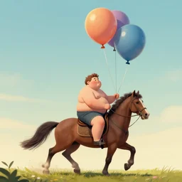 digital art of morbidly obese man riding a horse. Three weather balloons are attached to the man. Trending on ArtStation