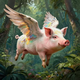 a rainbow feathered pig with wings, flying above a tropical forest, HD, illustration, epic, D&D, fantasy, intricate, elegant, highly detailed, digital painting, artstation, concept art, smooth, sharp focus, illustration, wallpaper, art by artgerm and greg rutkowski and alphonse mucha and jin xiaodi and anthony devine