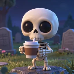 a small skeleton character with big round eyes holding a cup of coffee on a cemetery at night. pixar disney 4 k 3 d render movie oscar winning trending on artstation and behance. ratatouille style.