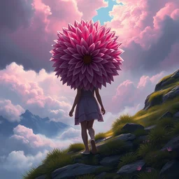 giant dahlia flower crown as head, girl walking on mountain, surreal photography, pink storm clouds, dramatic light, impressionist painting, digital painting, artstation, simon stalenhag