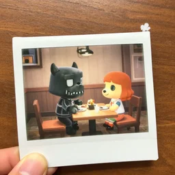 doom guy and isabelle from animal crossing going on a date, polaroid photograph reel