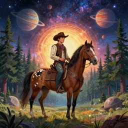 psychedelic, trippy, broken cowboy, horse, pine forest, planets, milky way, cartoon by rob gonsalves
