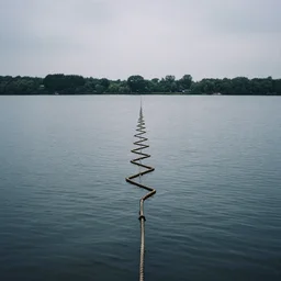 an long rope zig - zagging across the surface of the water into the distance, floating submerged rope stretching out towards the center of the lake, a dark lake on an overcast day, atmospheric, color film, trees in the background, 4 k photo, anamorphic lens