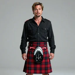 brad pitt with a kilt, red and white neon, concept art, intricate details, highly professionally detailed, cgsociety, highly detailed -
