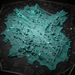 an exquisite 3 d map, black and teal paper, intricate, highly detailed, epic, infographic, marginalia, unreal engine