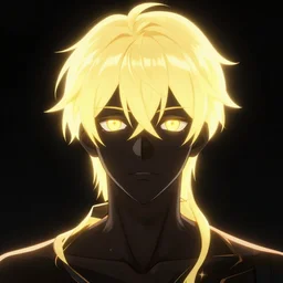 glowing black male anime character, golden hair, yellow eyes, symmetrical, highly detailed, digital art, sharp focus, trending on art station, crazy hair, electricity superpowers, anime art style