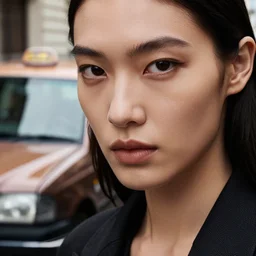 close up of a face of a fashion model, standing in front of a taxi, official versace editorial, highly detailed