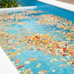 a swimming pool filled with candy
