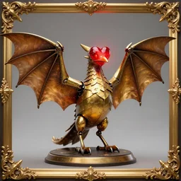 golgari findbroker, a metal bird shaped like a bat with a glowing red heart for a head, a leathery golden body that folds into itself at the joints and wings spread wide as if it is taking off, sitting atop a platform surrounded by an ornate golden frame