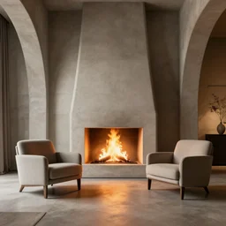 two armchairs sitting in front of a cosy fireplace, modern home design interior, octane render, hyperrealistic, concrete archetecture, vray, volumetric lighting, cinema 4 d, unreal engine