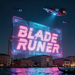city of venice in italy, alien spaceships in the sky, in the style of blade runner, giant holographic adv, cinematic, neon lights, futuristic, cyberpunk, sharp focus, matte painting, artstation