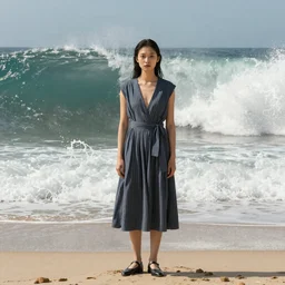 fashion editorial in front of giant tsunami waves, on the beach.